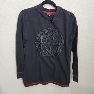 Diesel Black Long Sleeve Hooded Shirt XL kid size 16 Embossed CUT NECKLINE